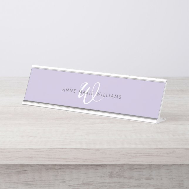 Modern Lavender White Script Monogram Desk Name Plate (Front)