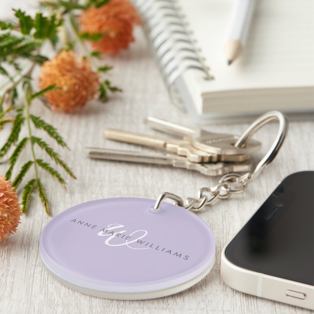Modern Lavender White Script Monogram Keychain (Front Right)
