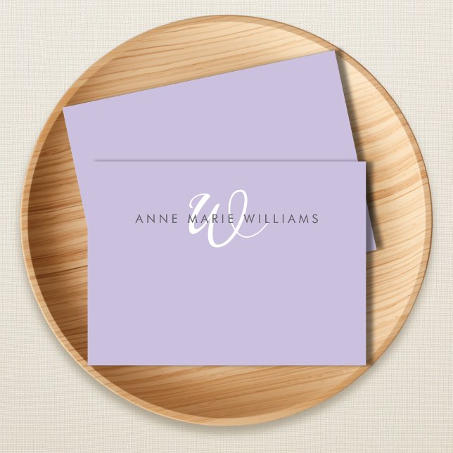 Modern Lavender White Script Monogram Note Card (Creator Uploaded)