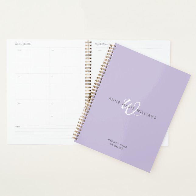Modern Lavender White Script Monogram Planner (Display)