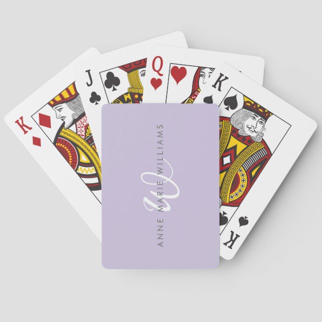 Modern Lavender White Script Monogram Poker Cards (Back)