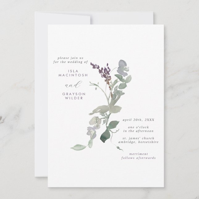 Modern Lavender Wild Flowers & Greenery Wedding Invitation (Front)