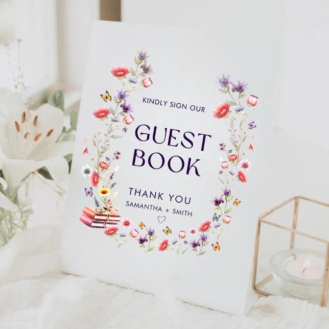 Modern Lavender Wildflower Guest Book Pedestal Sign (Elegant lavender wildflower guest book sign to mark your storybook new chapter.)