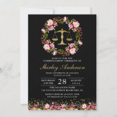 Modern Law School Graduation Pink Floral Photo  Invitation (Back)