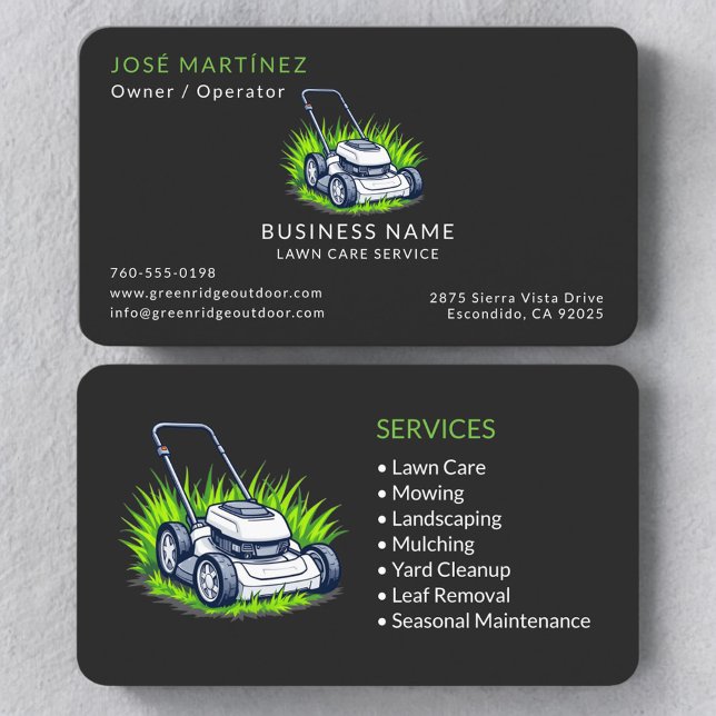 Modern Lawn Care and Service Black Green Business Card (Creator Uploaded)