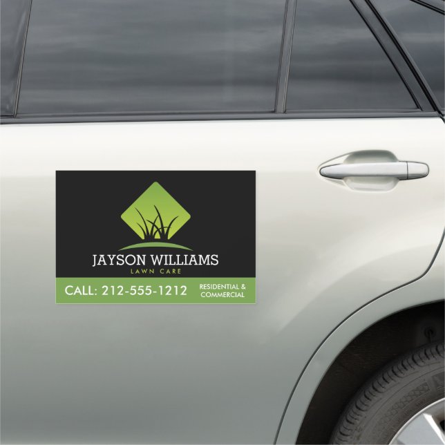 Modern Lawn Care/Landscaping Grass Logo Black Car Magnet (In Situ)