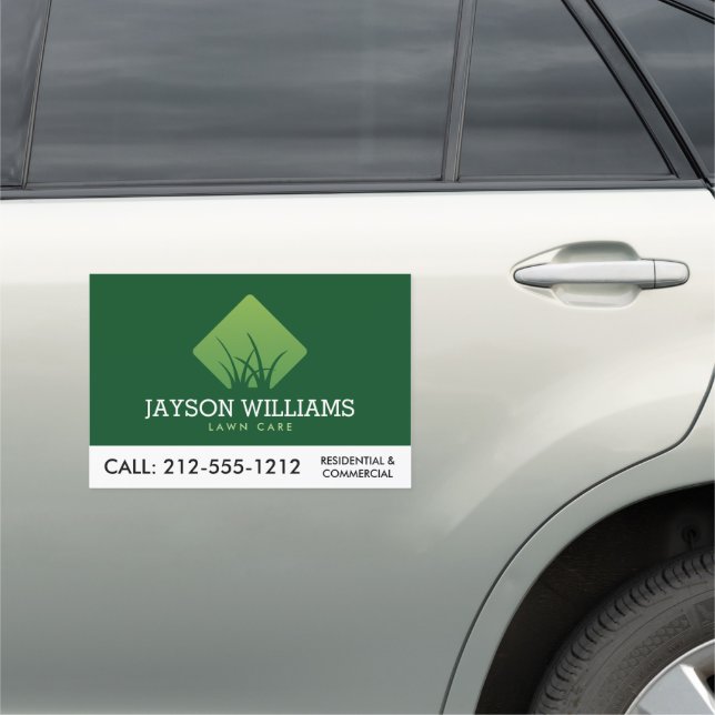 Modern Lawn Care/Landscaping Grass Logo Green Car Magnet (In Situ)