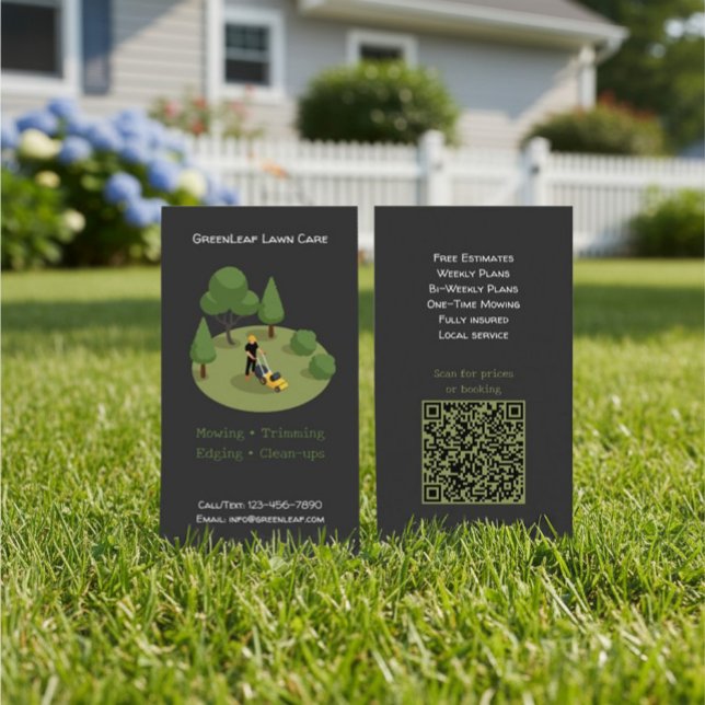 Modern Lawn Mowing Service Business Card with QR  (Creator Uploaded)