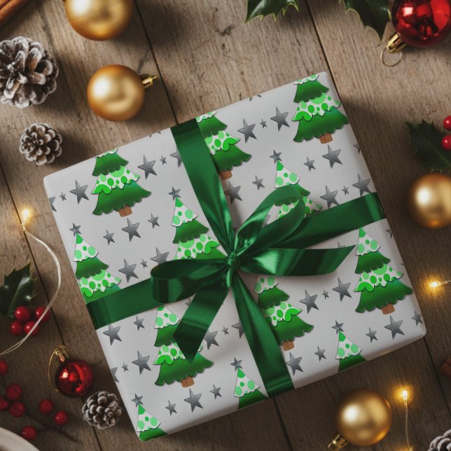 Modern Layered Christmas Trees & Silver Stars Wrapping Paper (Add a little whimsy to Christmas with this hand drawn unusual trees and stars wrapping paper.)