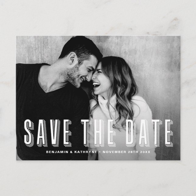 Modern Layered Typography Photo Save the Date Announcement Postcard (Front)