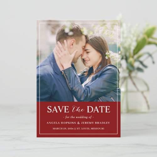 Modern Layout Burgundy Red Minimalist Photo Save The Date