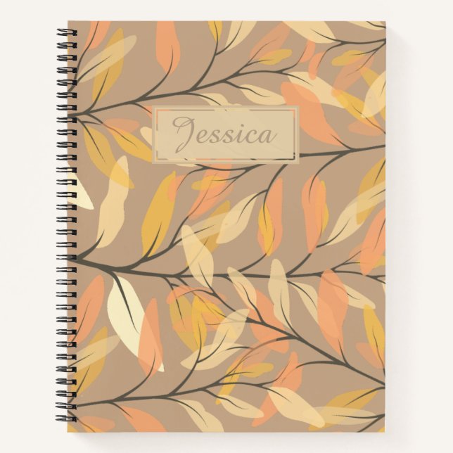 Modern Leaf and Branch Autumn Pattern Personalised Notebook (Front)