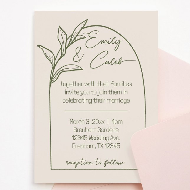 Modern Leaf Arch Tan & Green Wedding Invitation (cream and green arch leaf botanical design. script cursive writing. romantic, modern, simple feel)