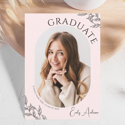 Modern Leaf Blush Pink 2 Photo Graduation Party Invitation