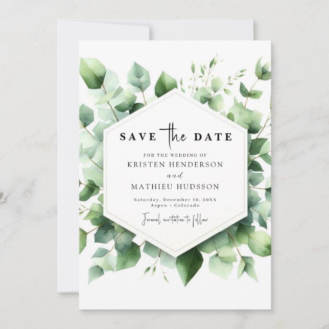 Modern Leaf Eucalyptus Digital Wedding Save The Date (Front)