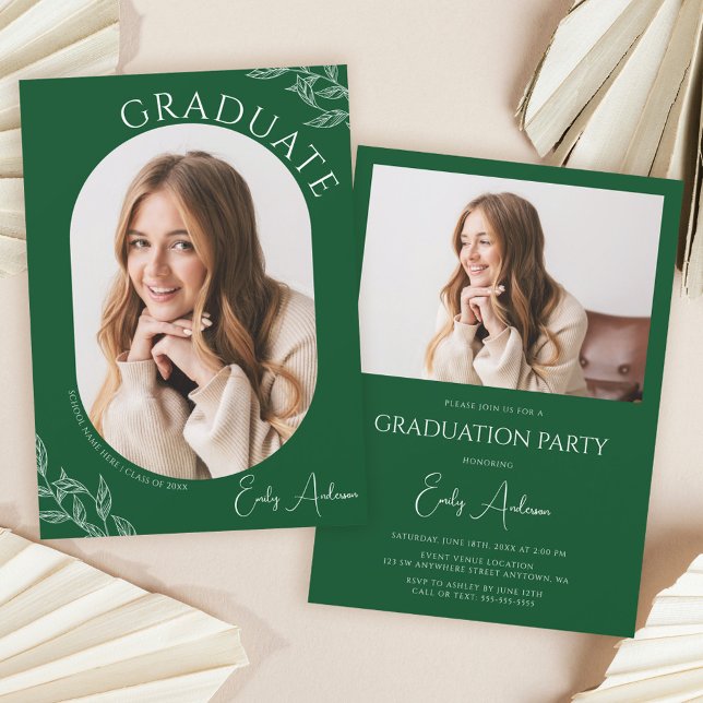 Modern Leaf Green White 2 Photo Graduation Party Invitation (Creator Uploaded)