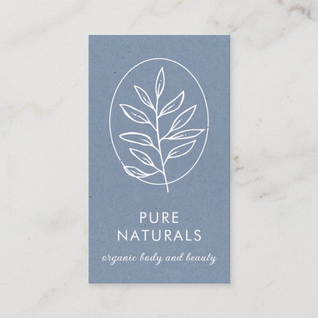 Modern Leaf Logo Botanical Simple Neutral Blue Business Card (Front)