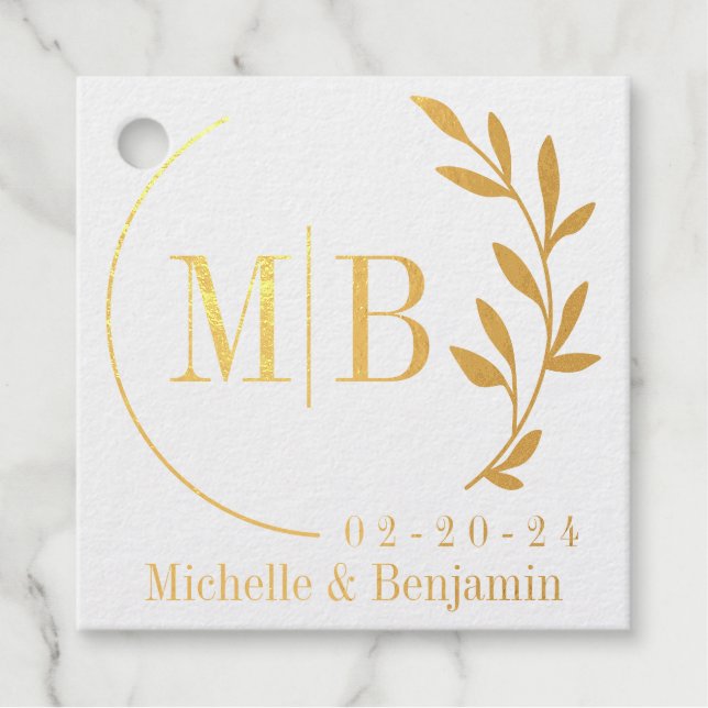Modern leaf Monogram Foil Favor Tag (Front)