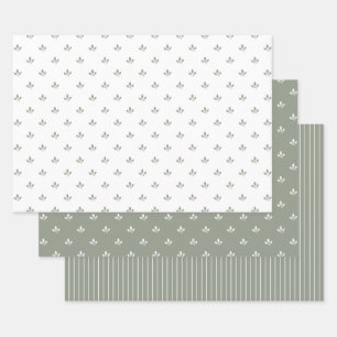 Modern Leaf Pattern and Pinstripes Dusky Green Wrapping Paper Sheets