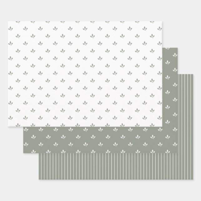 Modern Leaf Pattern and Pinstripes Dusky Green | Wrapping Paper Sheets (Set)