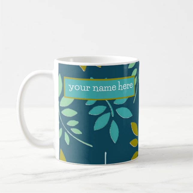 Modern Leaf Pattern on Teal Green  Coffee Mug (Left)