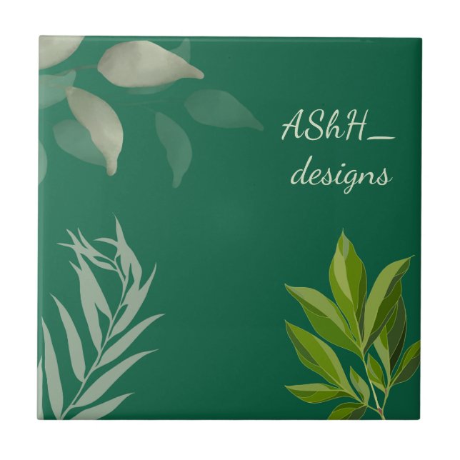 "Modern Leaf Pattern with Custom Name and date." Ceramic Tile (Front)