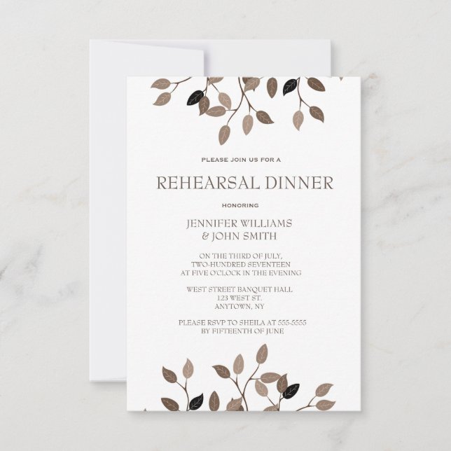 Modern leaf rehearsal dinner invitations (Front)