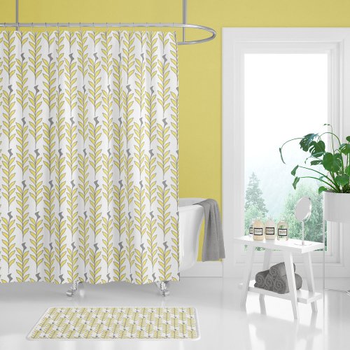 Modern Leaf Stem Foliage Yellow and Gray Shower Curtain