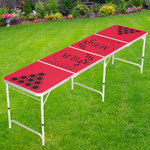 Modern Leaf Wedding Monogram Bk CherryPicking Pink Beer Pong Table