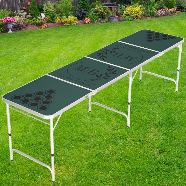 Modern Leaf Wedding Monogram Bk on Sage Green Beer Pong Table (Creator Uploaded)