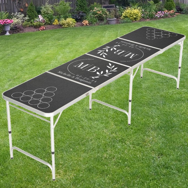 Modern Leaf Wedding Monogram Black Canvas  Beer Pong Table (Creator Uploaded)