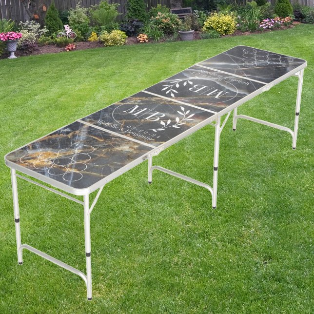 Modern Leaf Wedding Monogram Black Marble & Gold Beer Pong Table (Creator Uploaded)