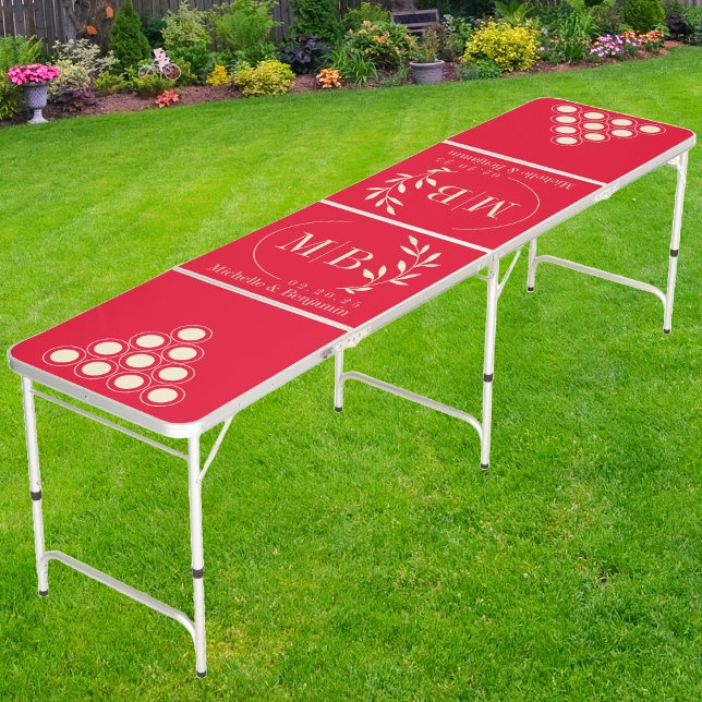 Modern Leaf Wedding Monogram Cherry Picking Pink Beer Pong Table (Creator Uploaded)