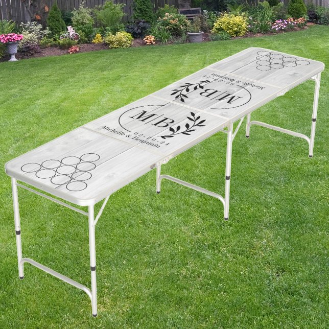 Modern Leaf Wedding Monogram Clean Light Gray Wood Beer Pong Table (Creator Uploaded)