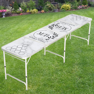 Modern Leaf Wedding Monogram Clean White Marble  Beer Pong Table