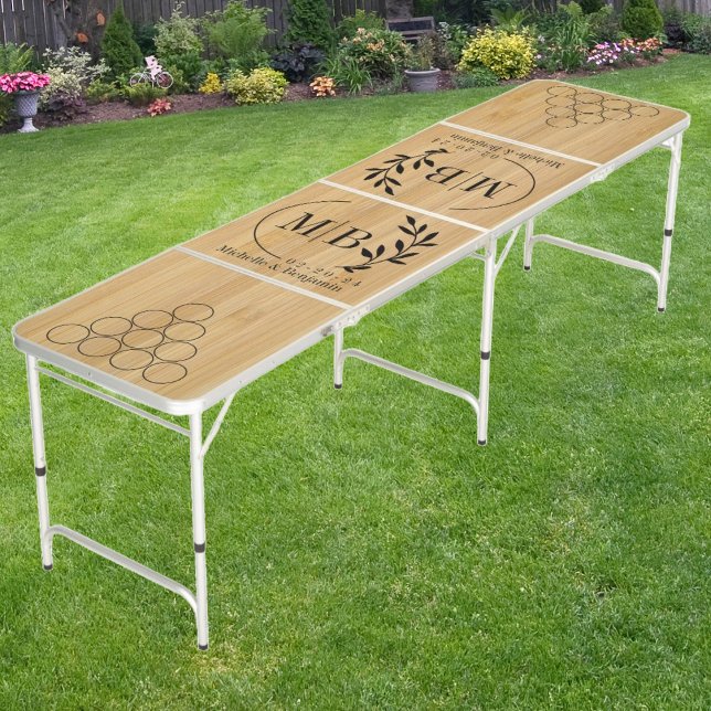 Modern Leaf Wedding Monogram Dark Bamboo  Beer Pong Table (Creator Uploaded)