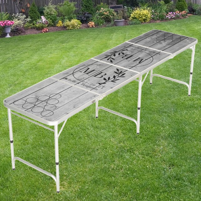 Modern Leaf Wedding Monogram Dark Clean Gray Wood Beer Pong Table (Creator Uploaded)