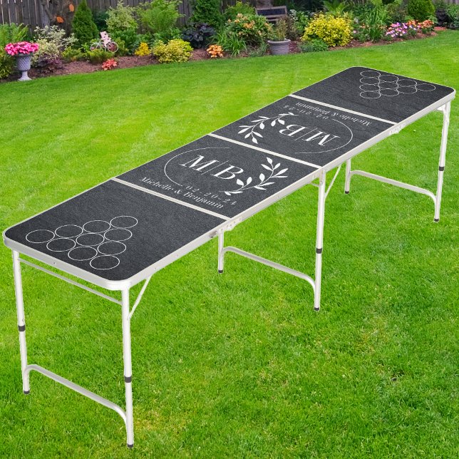 Modern Leaf Wedding Monogram Dark Granite Stone  Beer Pong Table (Creator Uploaded)