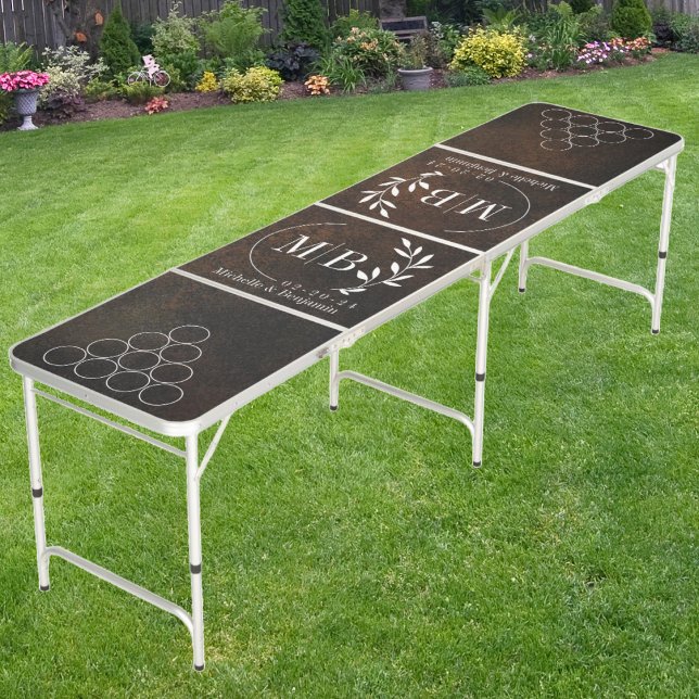 Modern Leaf Wedding Monogram Dark Monazite Stone  Beer Pong Table (Creator Uploaded)