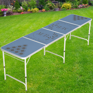 Modern Leaf Wedding Monogram Dark on Capri Blue Beer Pong Table