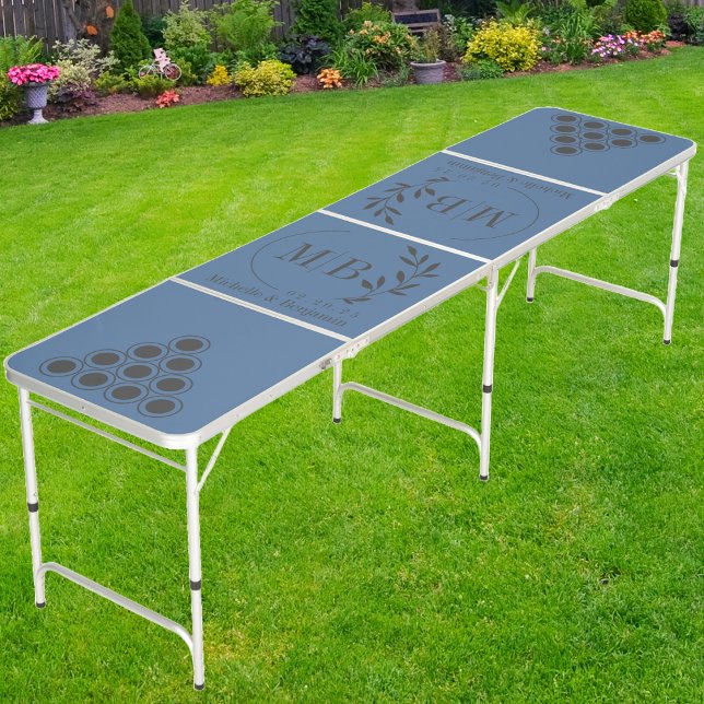Modern Leaf Wedding Monogram Dark on Capri Blue Beer Pong Table (Creator Uploaded)
