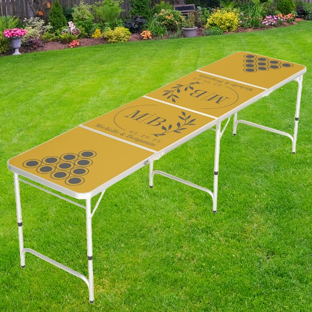 Modern Leaf Wedding Monogram Dark on Golden Ochre Beer Pong Table (Creator Uploaded)