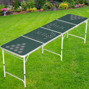 Modern Leaf Wedding Monogram Dark on Sage Green Beer Pong Table