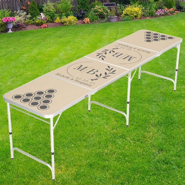 Modern Leaf Wedding Monogram Dark on  Sand Dune Beer Pong Table (Creator Uploaded)