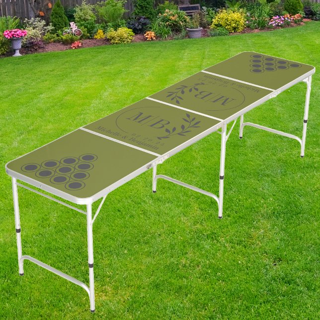 Modern Leaf Wedding Monogram Dark on Sweet Olive Beer Pong Table (Creator Uploaded)