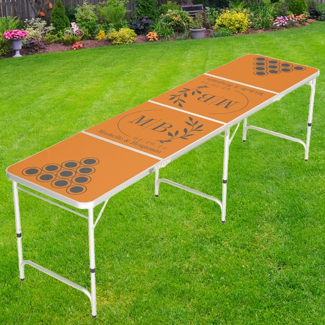Modern Leaf Wedding Monogram Dark on Warm Citrus Beer Pong Table (Creator Uploaded)