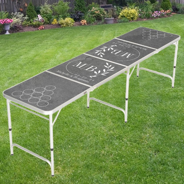 Modern Leaf Wedding Monogram Dark Slate Stone  Beer Pong Table (Creator Uploaded)