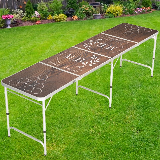 Modern Leaf Wedding Monogram Dark Walnut Wood Beer Pong Table (Creator Uploaded)