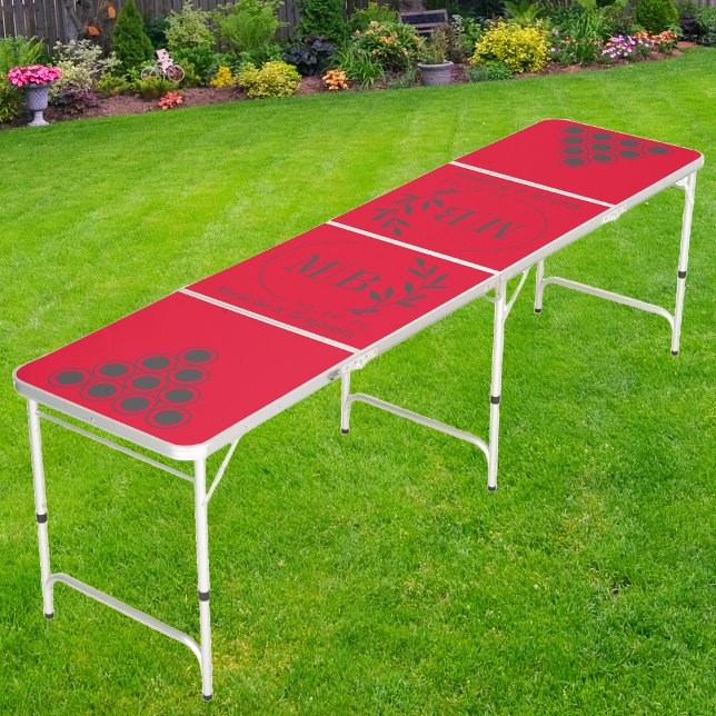 Modern Leaf Wedding Monogram Dk CherryPicking Pink Beer Pong Table (Creator Uploaded)