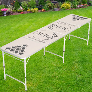 Modern Leaf Wedding Monogram Dk on Sandcastle Pink Beer Pong Table